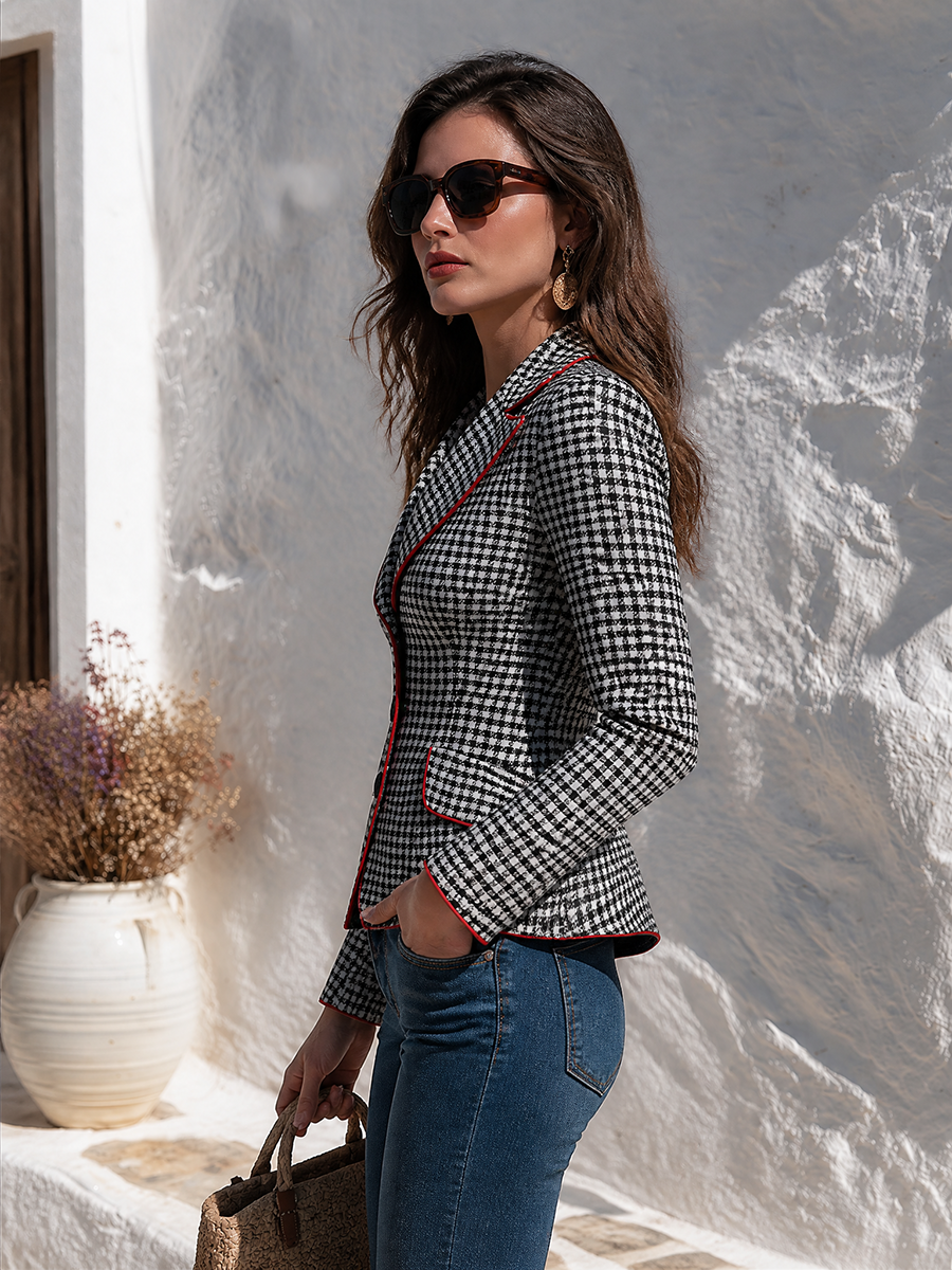 Women's Black And White Classic Houndstooth Pattern Red Piping Notched Lapel Slim Cropped Blazer