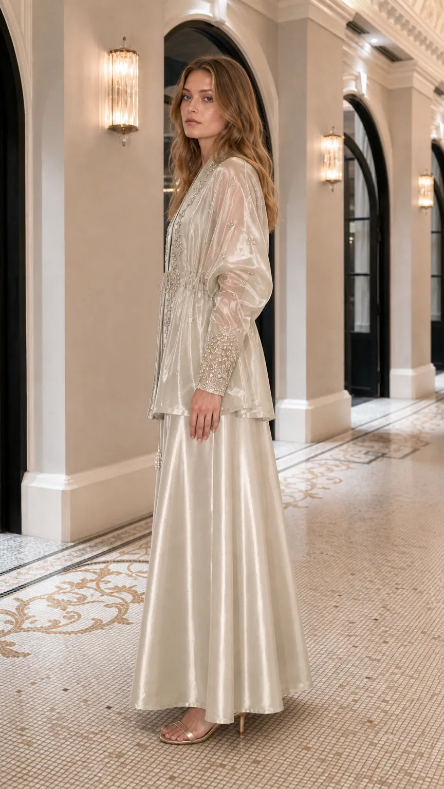 Embroidered Metallic Sheer Overcoat and Wide-Leg Pants Set