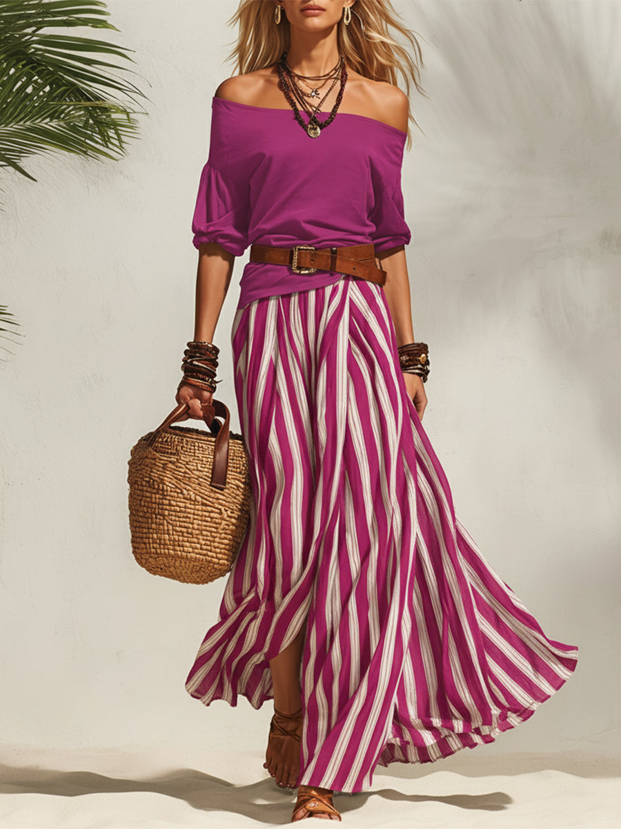Nautical Vacation Style Navy Blue Off-the-shoulder Top And Navy Blue And White Striped Chiffon Slit Skirt Set