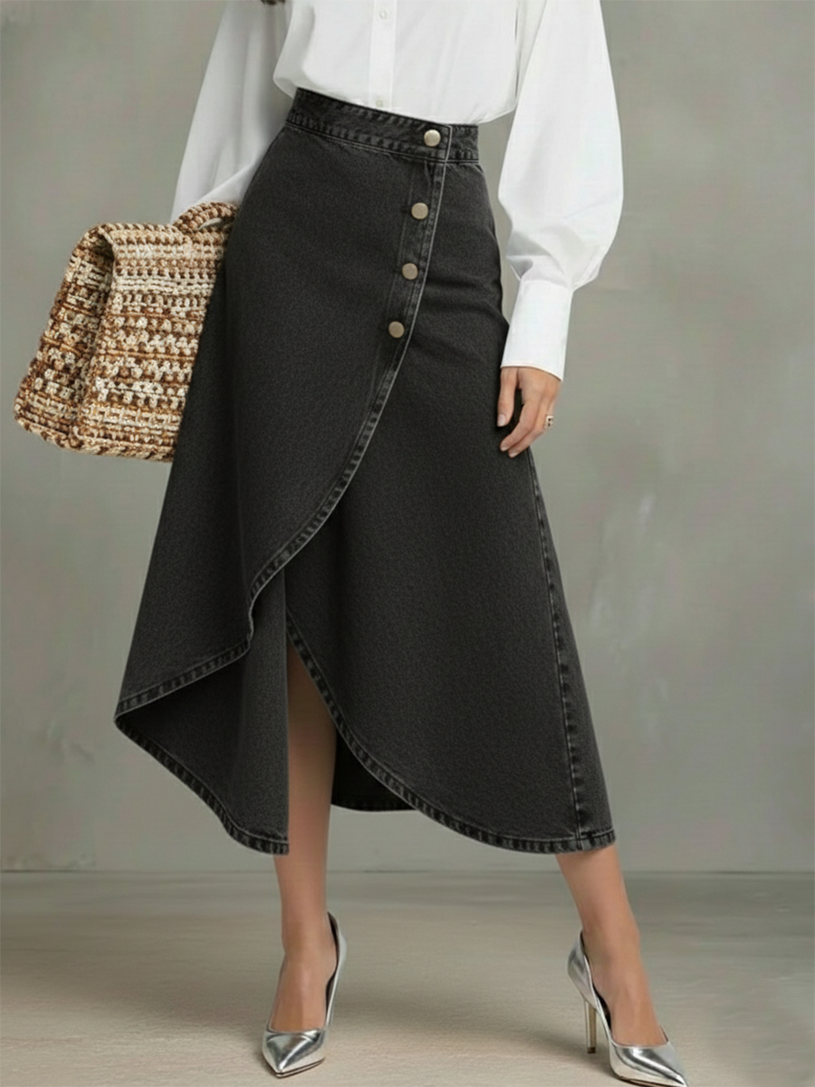 Elegant Wrap-around Irregular Hem Denim Skirt