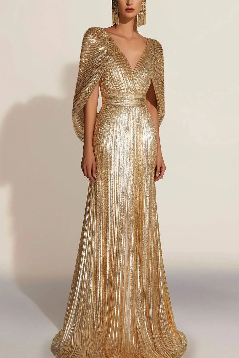 Formal Evening Fringe Dress Gold Cape V-neck Floor-length Gown