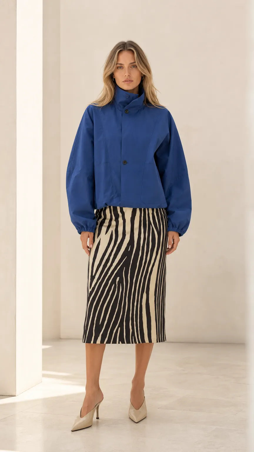 Women's High Neck Cropped Blouson Jacket with Balloon Sleeves