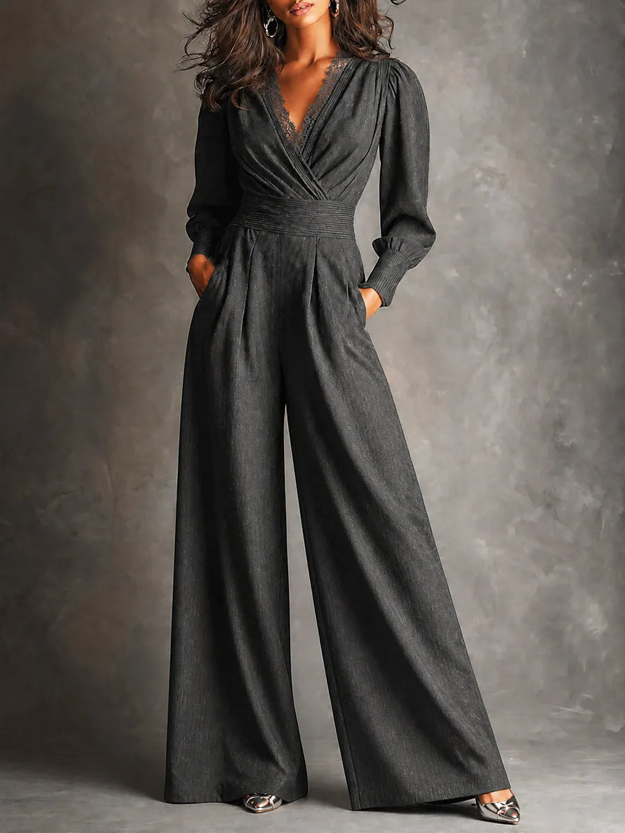 Charcoal Lace Trim Wide-Leg Jumpsuit