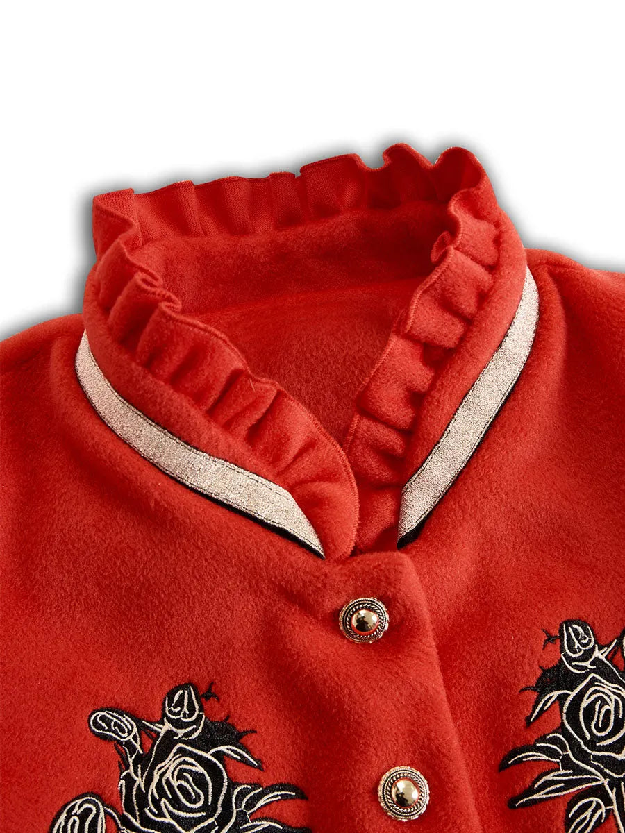 Ruffled Stand-up Collar Single-breasted Rose Embroidered Jacket