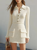 French Chic Off White Knit Tweed Patchwork Mini Dress