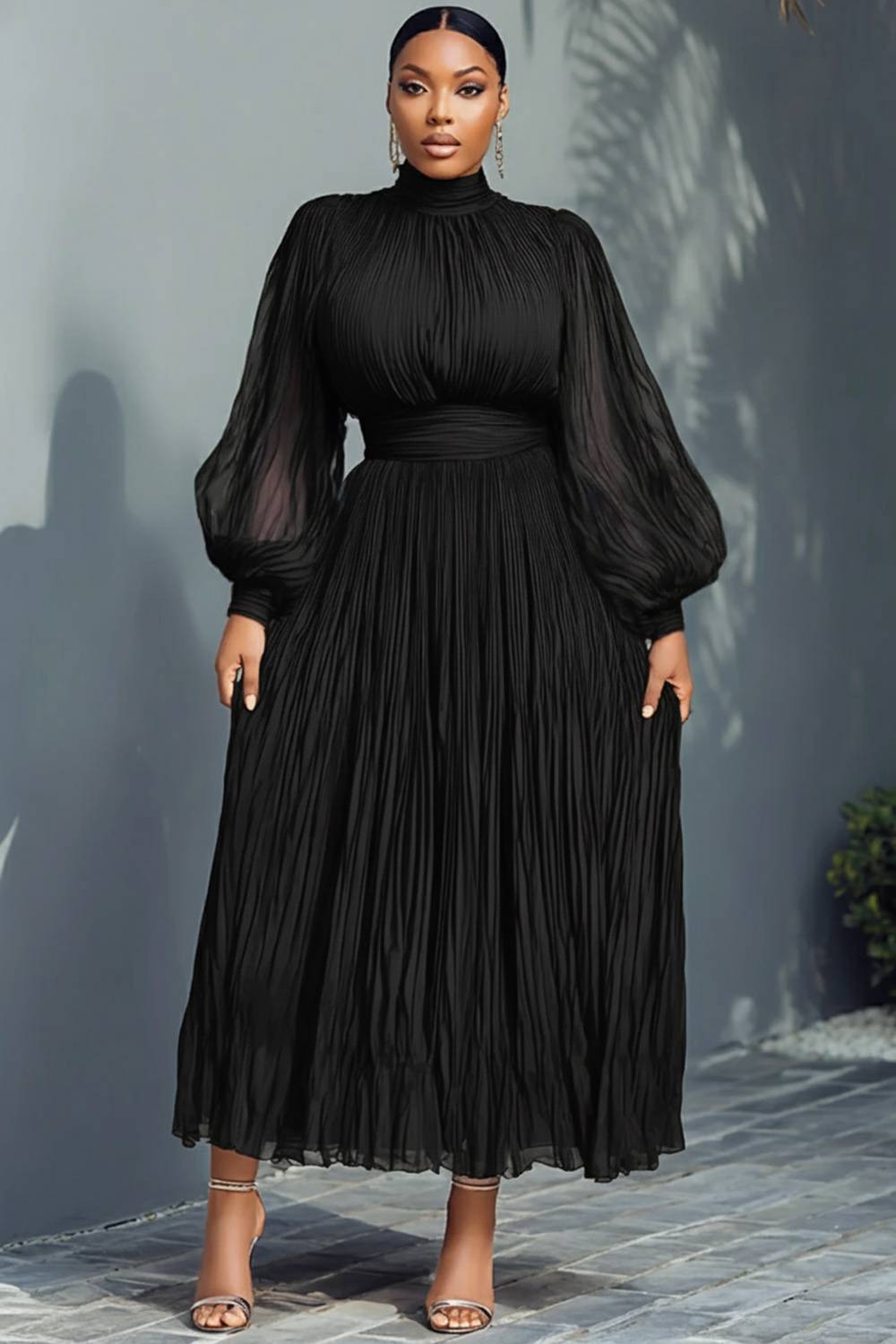 Navy Blue Mock Neck Lantern Sleeve Long Sleeve See Through Elegant Ruffled Midi Dresses