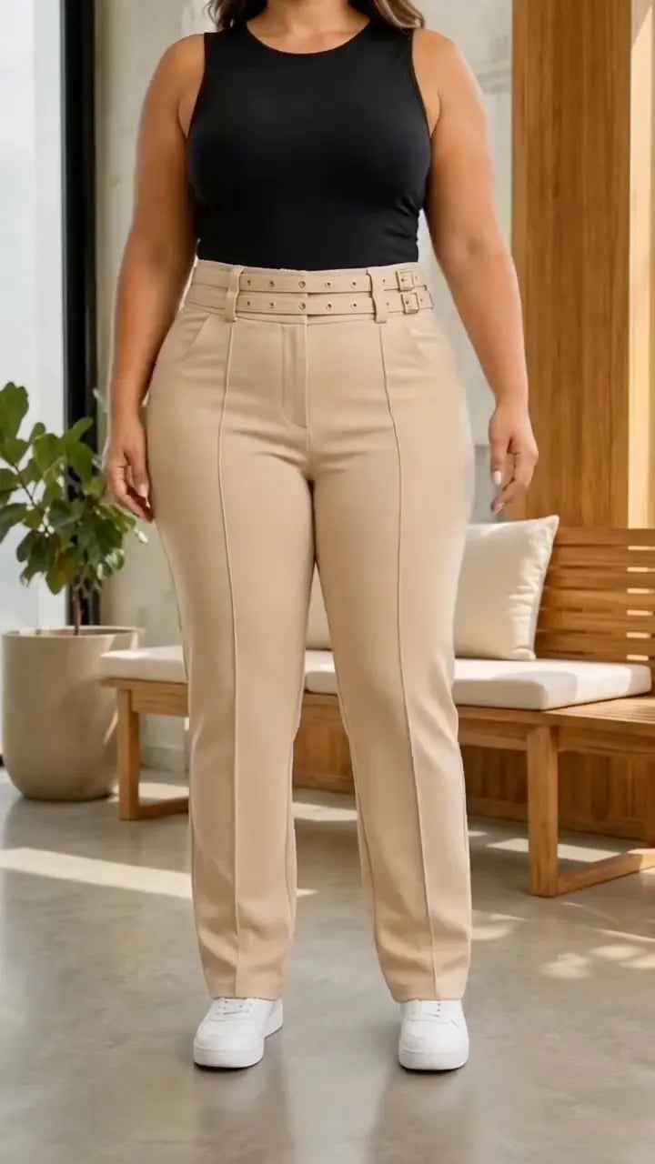 Plus‐Size Double Buckle High‐Waist Straight‐Leg Trousers