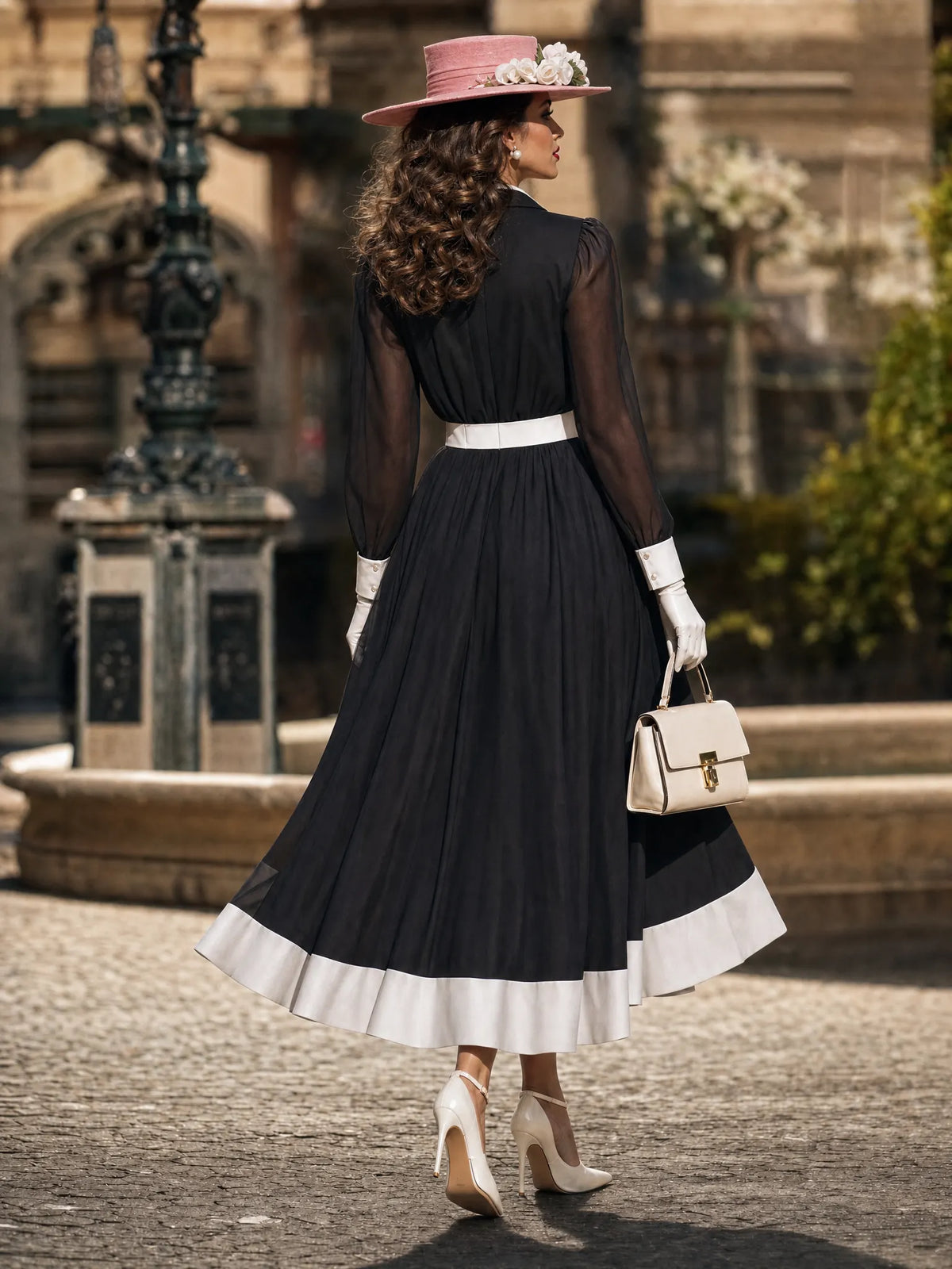 Vintage Hepburn Contrast Collar Dress Waist-Cinched Sheer Chiffon Midi Dress