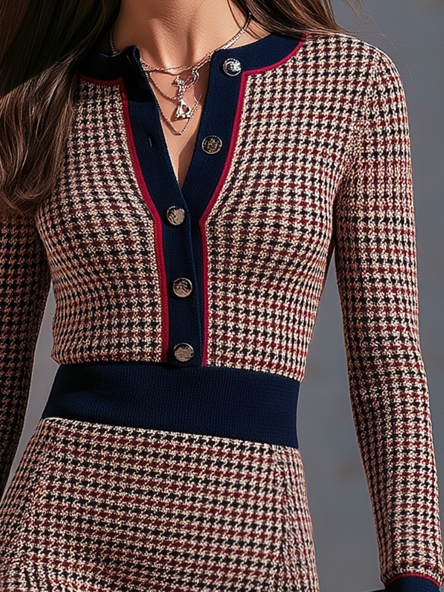 Women's Brown Houndstooth Contrast Navy Band Red-Piped Gold-Button Slim Long Sleeve A-Line Hem Knit Mini Dress