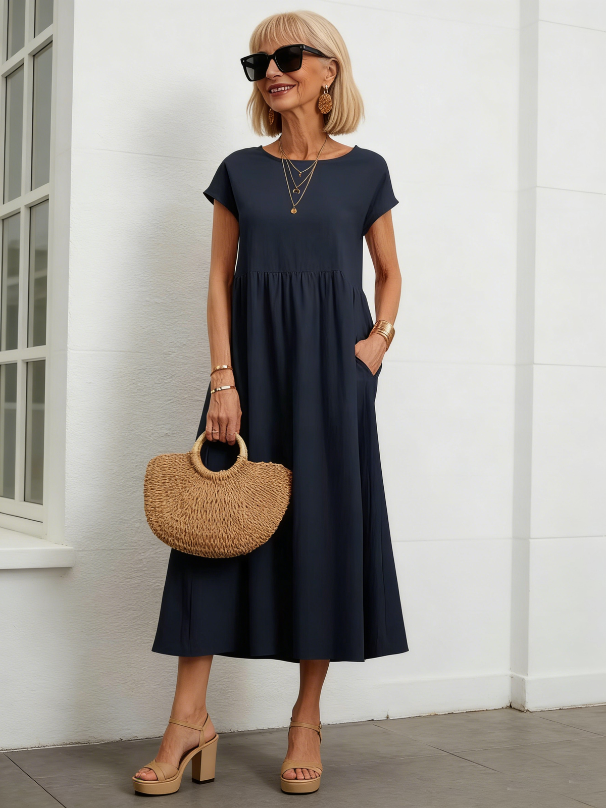 Solid Color Linen Round Neck Fitted Dress