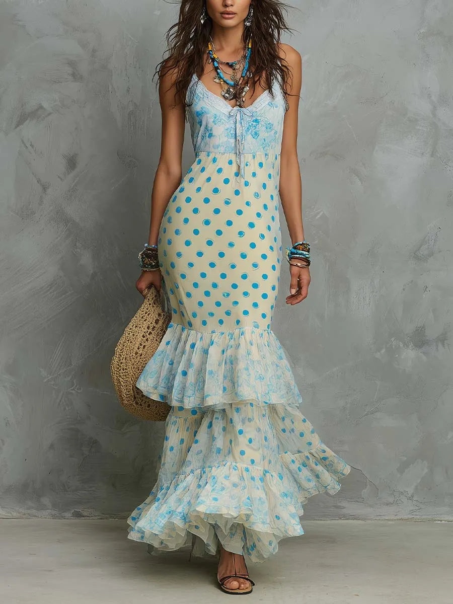 Boho Polka Dot Chiffon Maxi Dress With Tiered Ruffle Hem