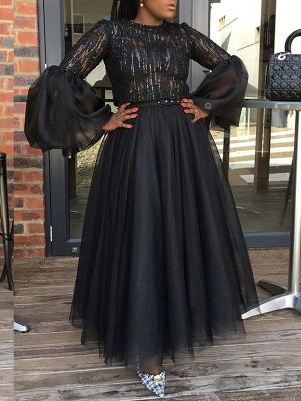 Solid Color U-Neck Long Sleeve Split-Joint Mesh A-Line Maxi Dress