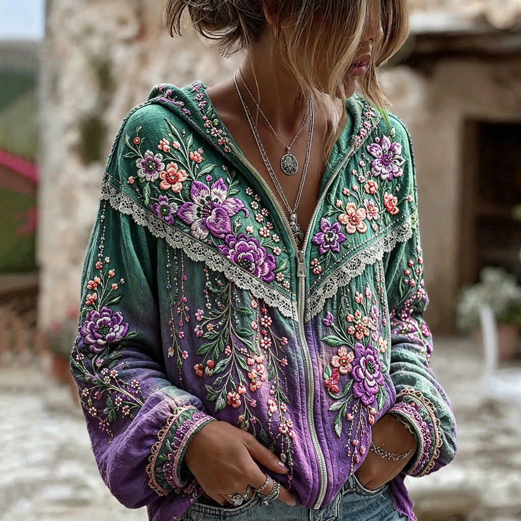 Women's Vintage Boho Floral Gradient Art Zip Hoodie Cardigan