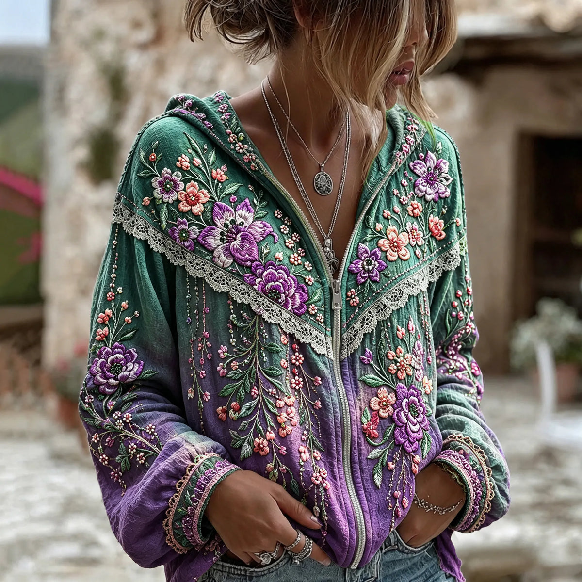 Women's Vintage Boho Floral Gradient Art Zip Hoodie Cardigan