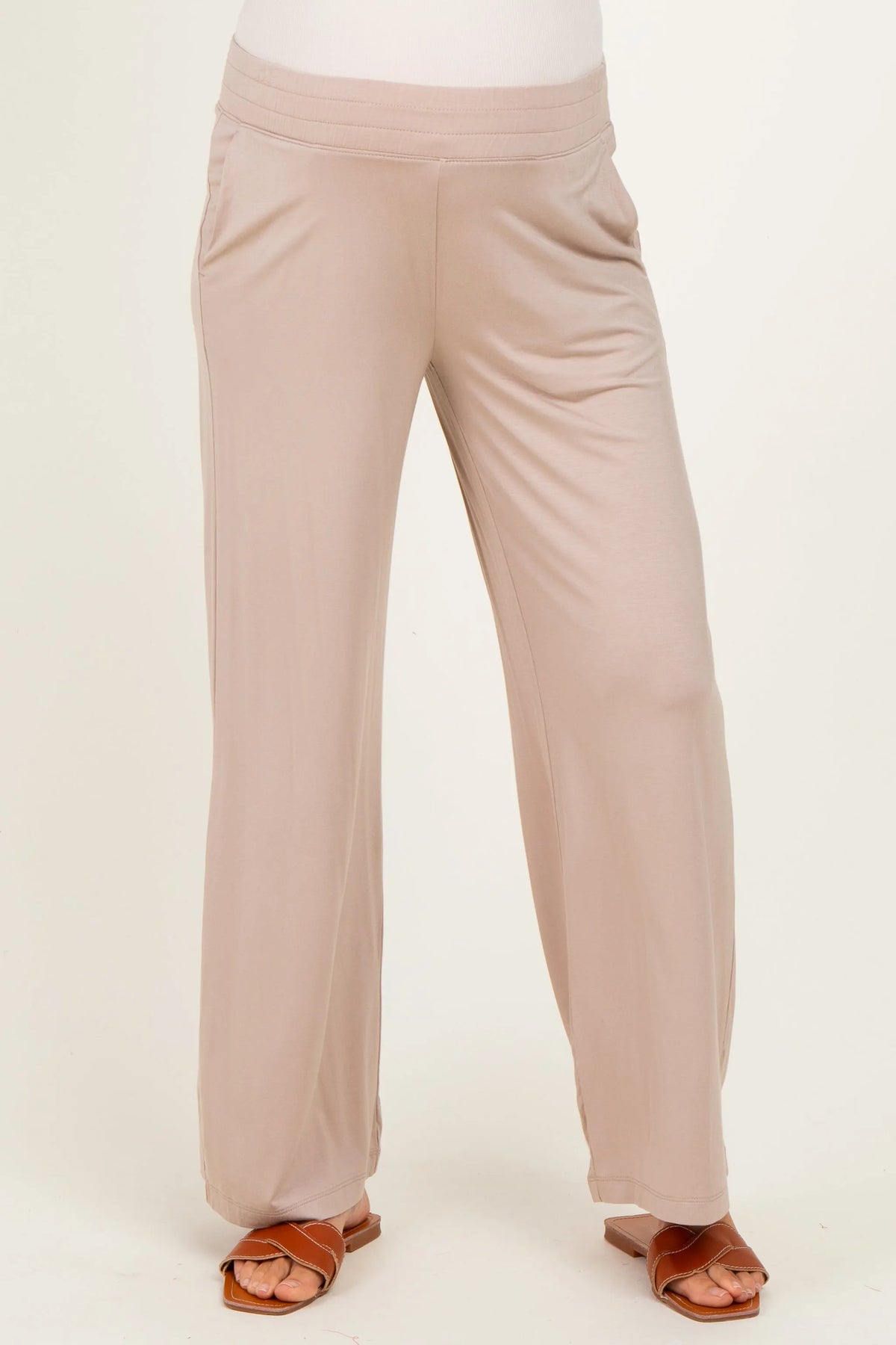Beige Ankle Wide Leg Maternity Pants