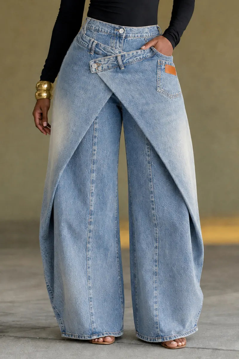 Wrap Skirt‐Effect Wide Leg Denim Pants