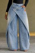 Wrap Skirt‐Effect Wide Leg Denim Pants