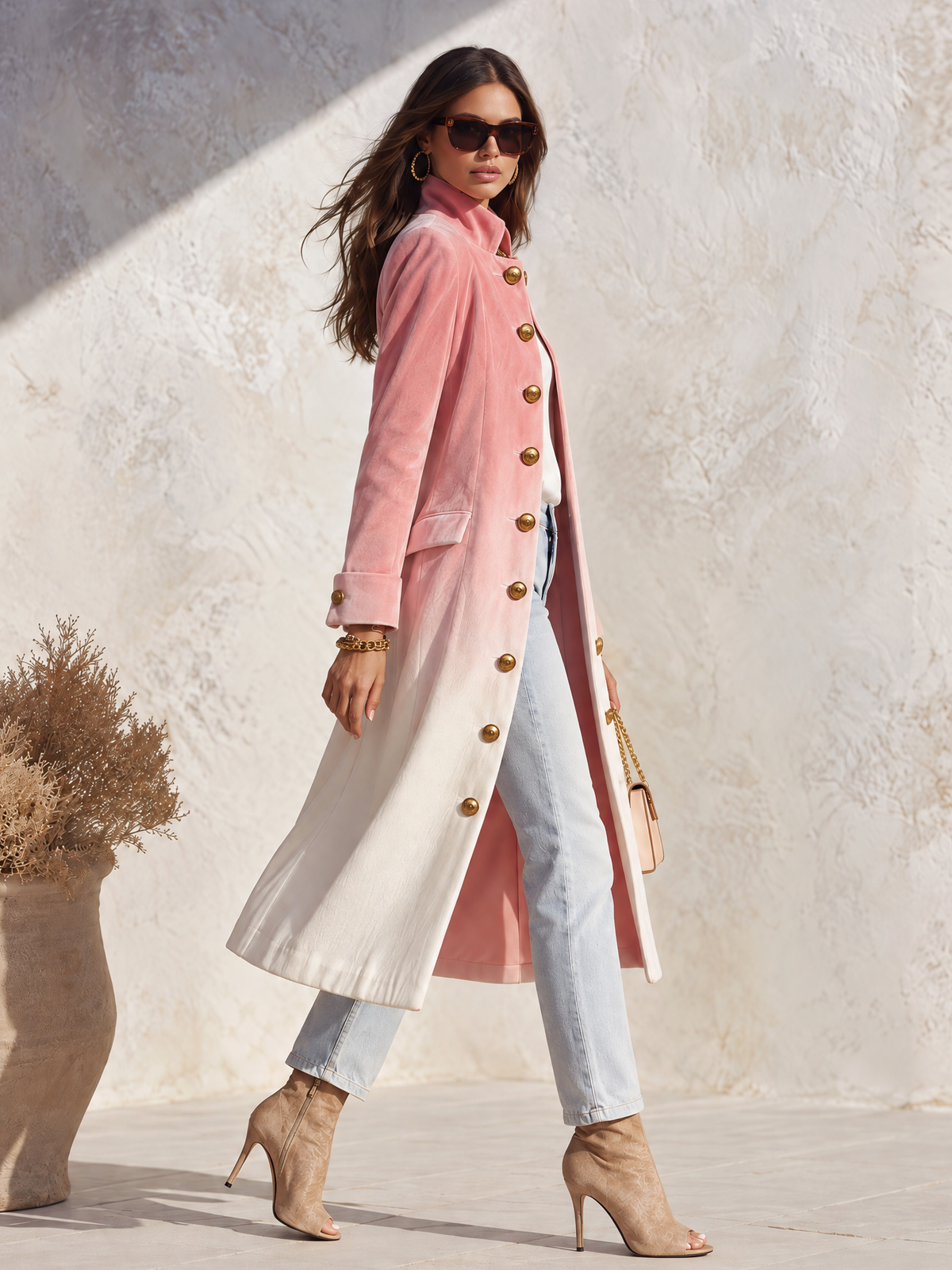 Elegant Gradient Print Stand Collar Single-breasted Mid-length Velvet Coat