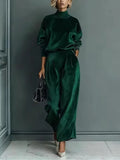 Women High Neck Solid Color Casual Suit