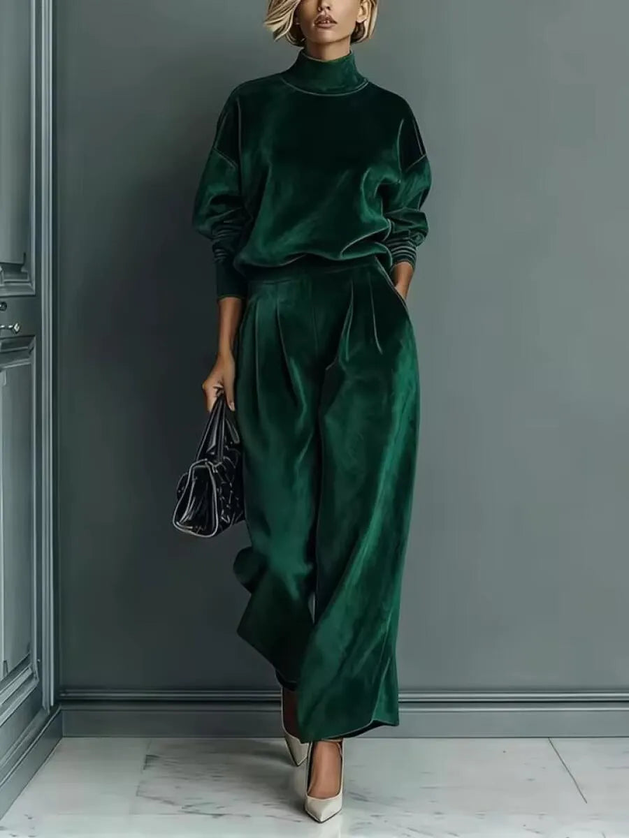Women High Neck Solid Color Casual Suit