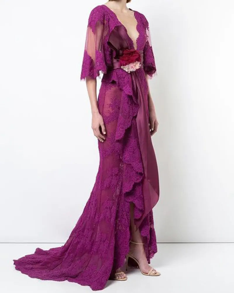 Lace mesh maxi dress V-neck
