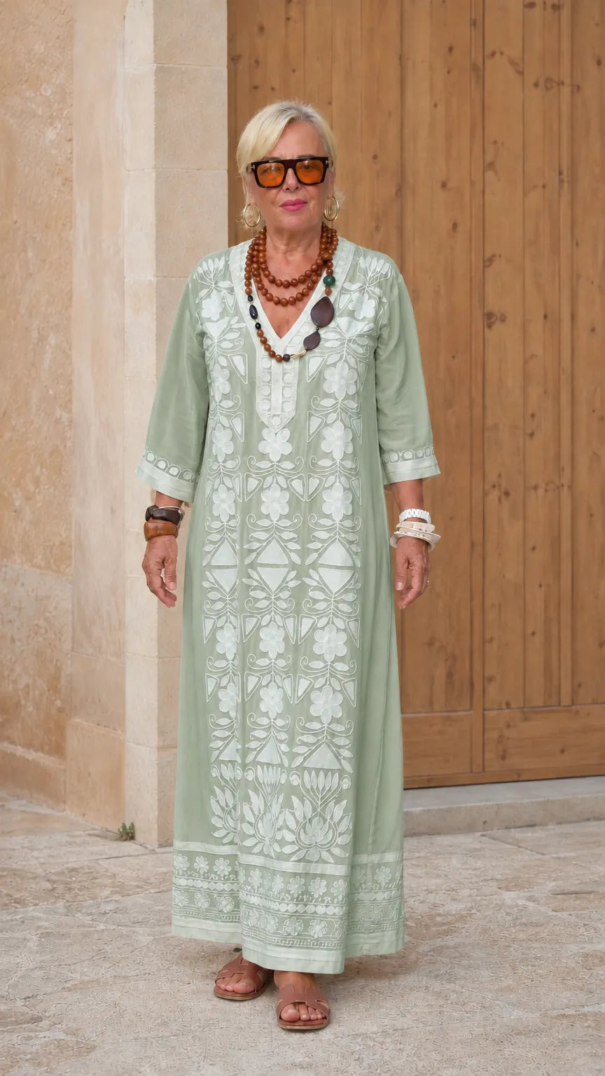 Embroidered V-Neck Kaftan Maxi Dress with 3/4 Sleeves