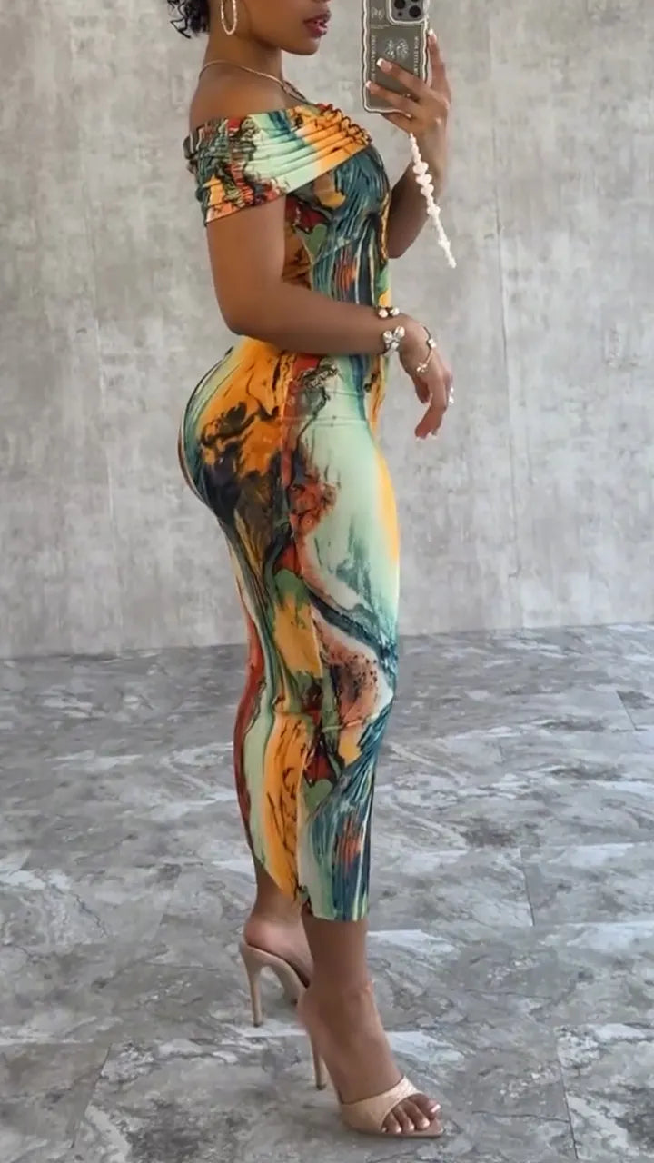 Ladies' One Word Collar Printed Slimming Style Dress