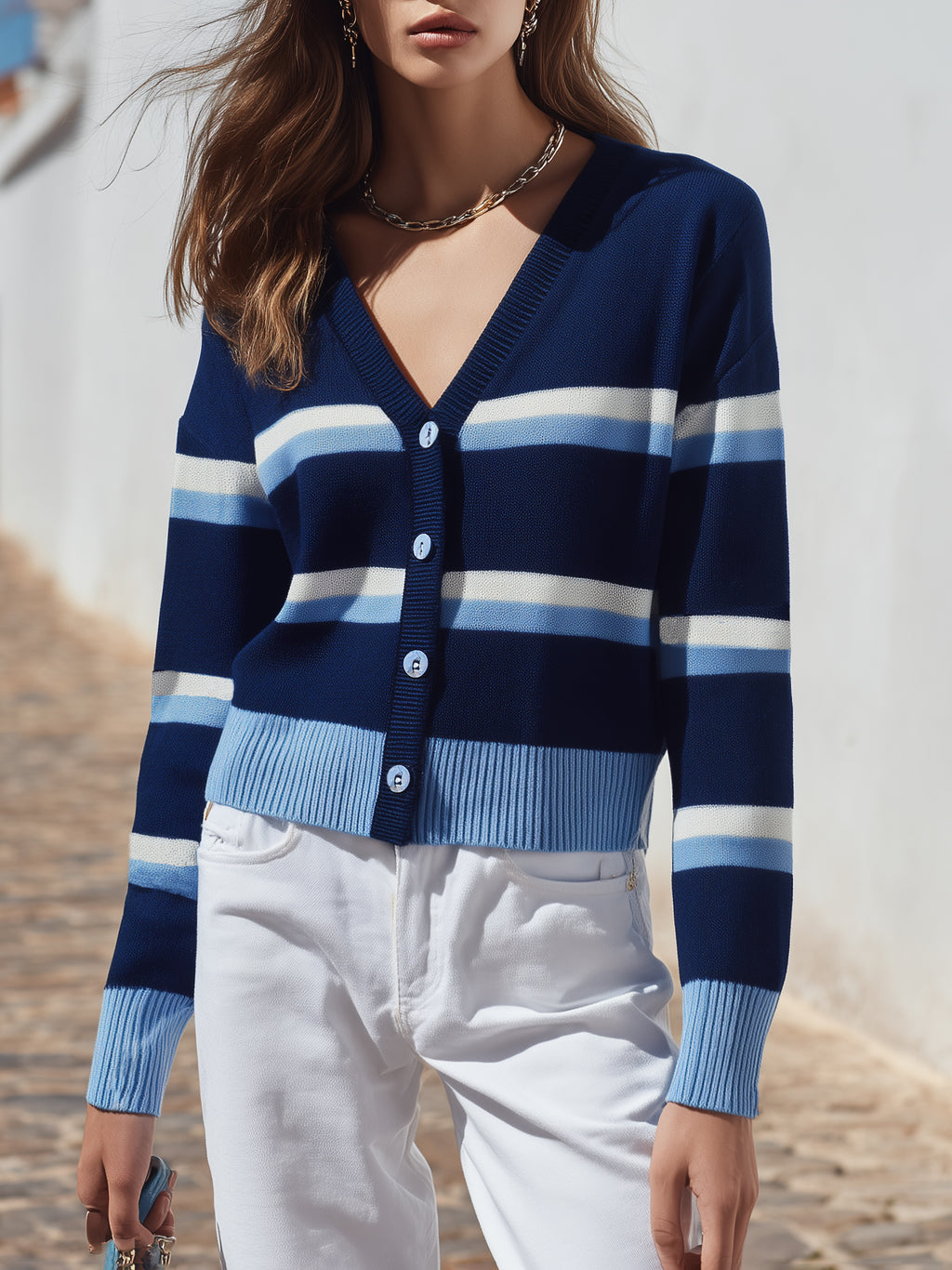 Nautical Resort Navy Multi Stripe V Neck Knit Cardigan