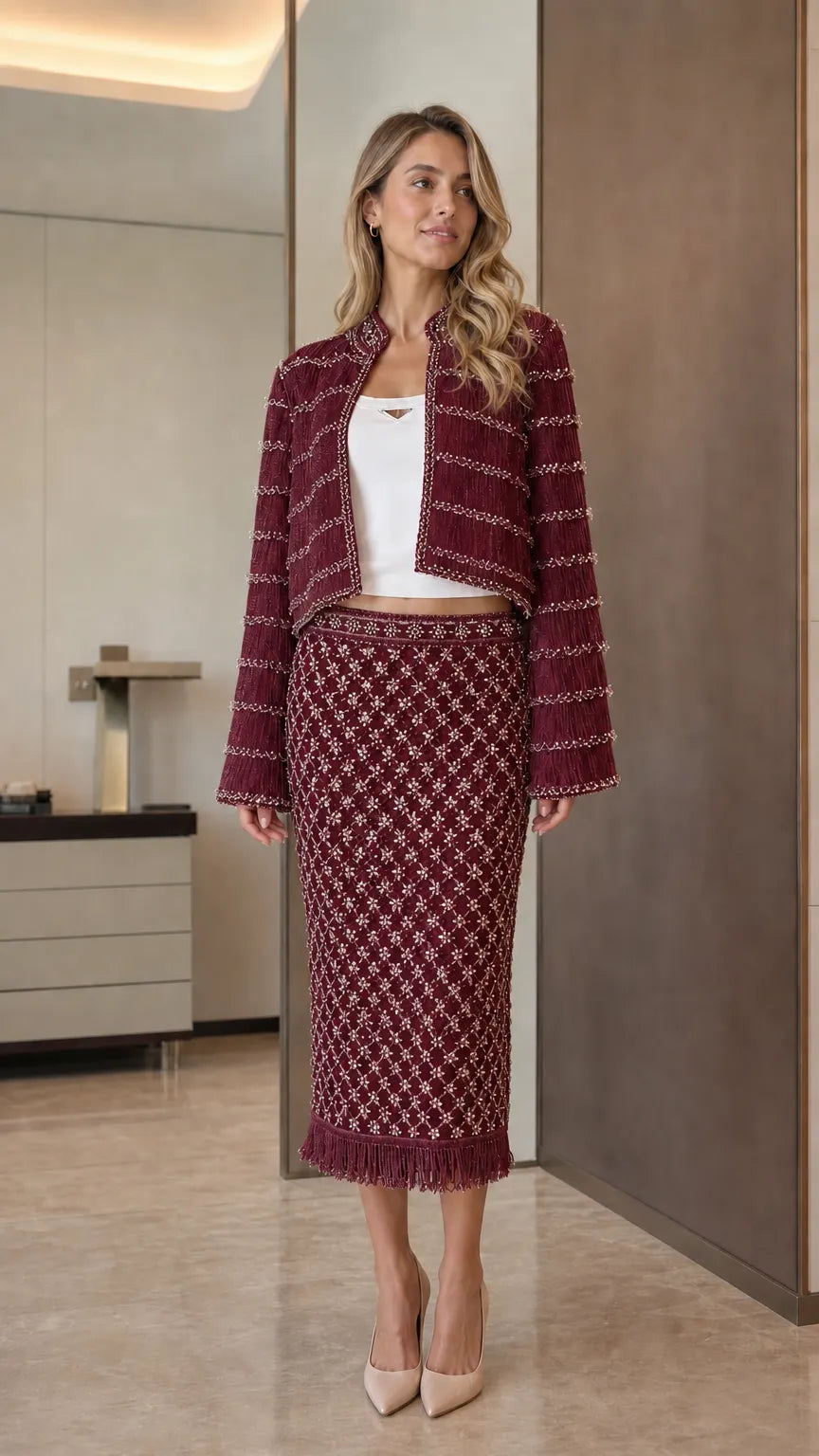 Elegance Tweed Open-Front Crop Jacket & Midi Skirt Set