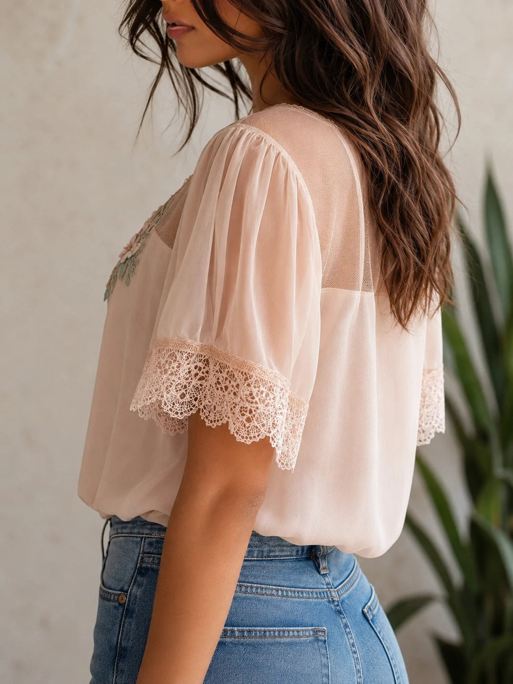 Boho Delicate Lace Floral Embroidered Chiffon Blouse