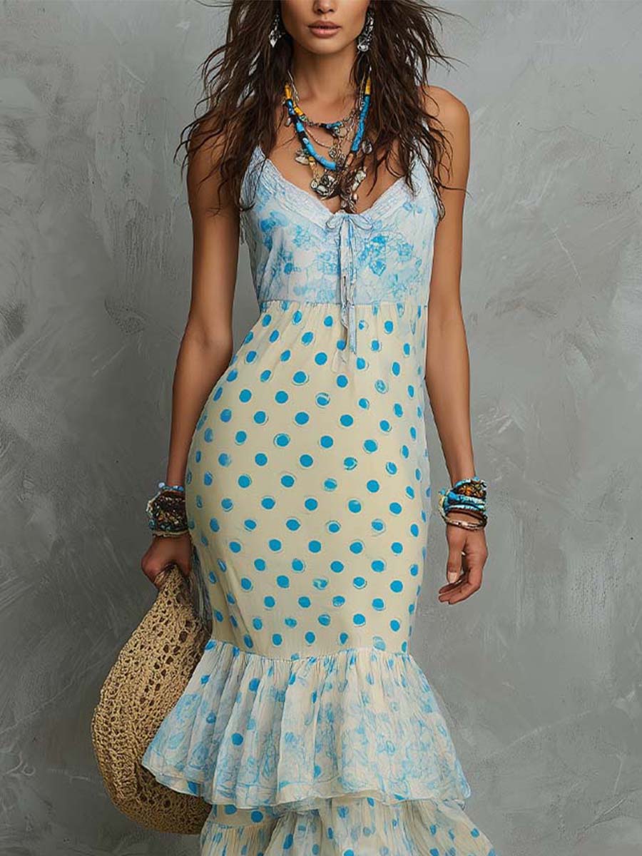 Boho Polka Dot Chiffon Maxi Dress With Tiered Ruffle Hem