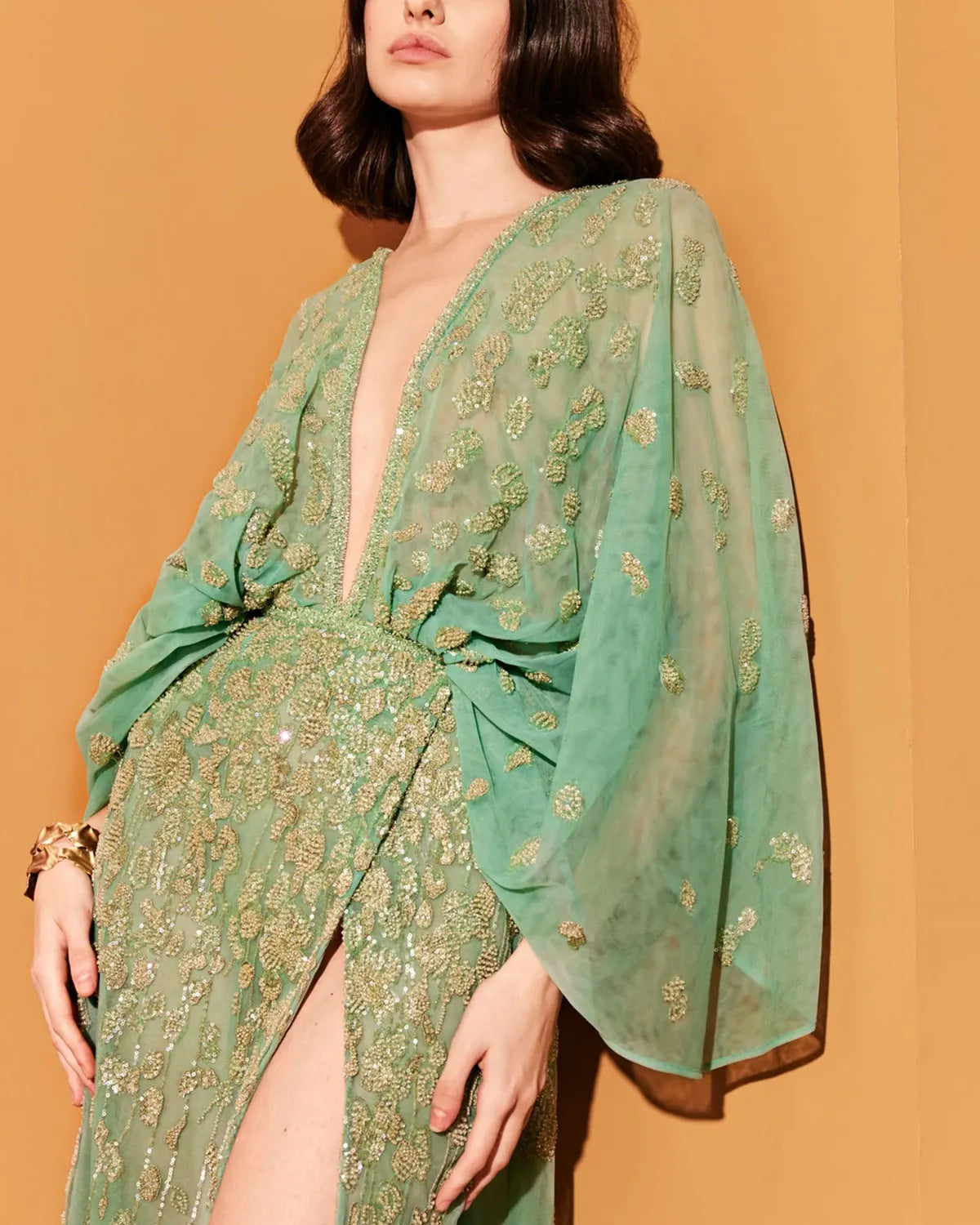 Green Embroidered Deep V Neckline Tulle Dress