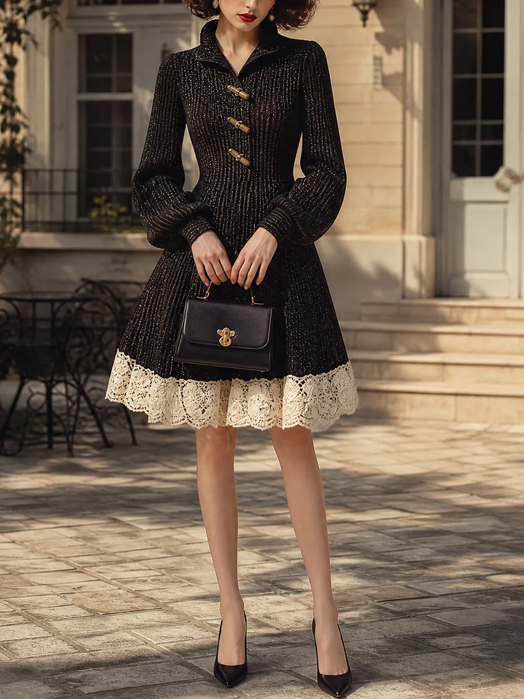 Vintage Black Lace-Hem Toggle-Button A-Line Knit Dress
