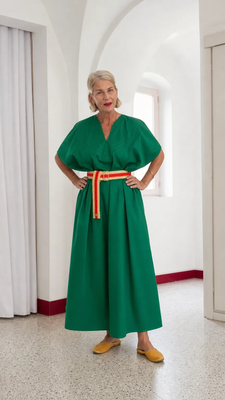 Women's V-Neck Belted Kimono Maxi Dress with Topstitch Detail