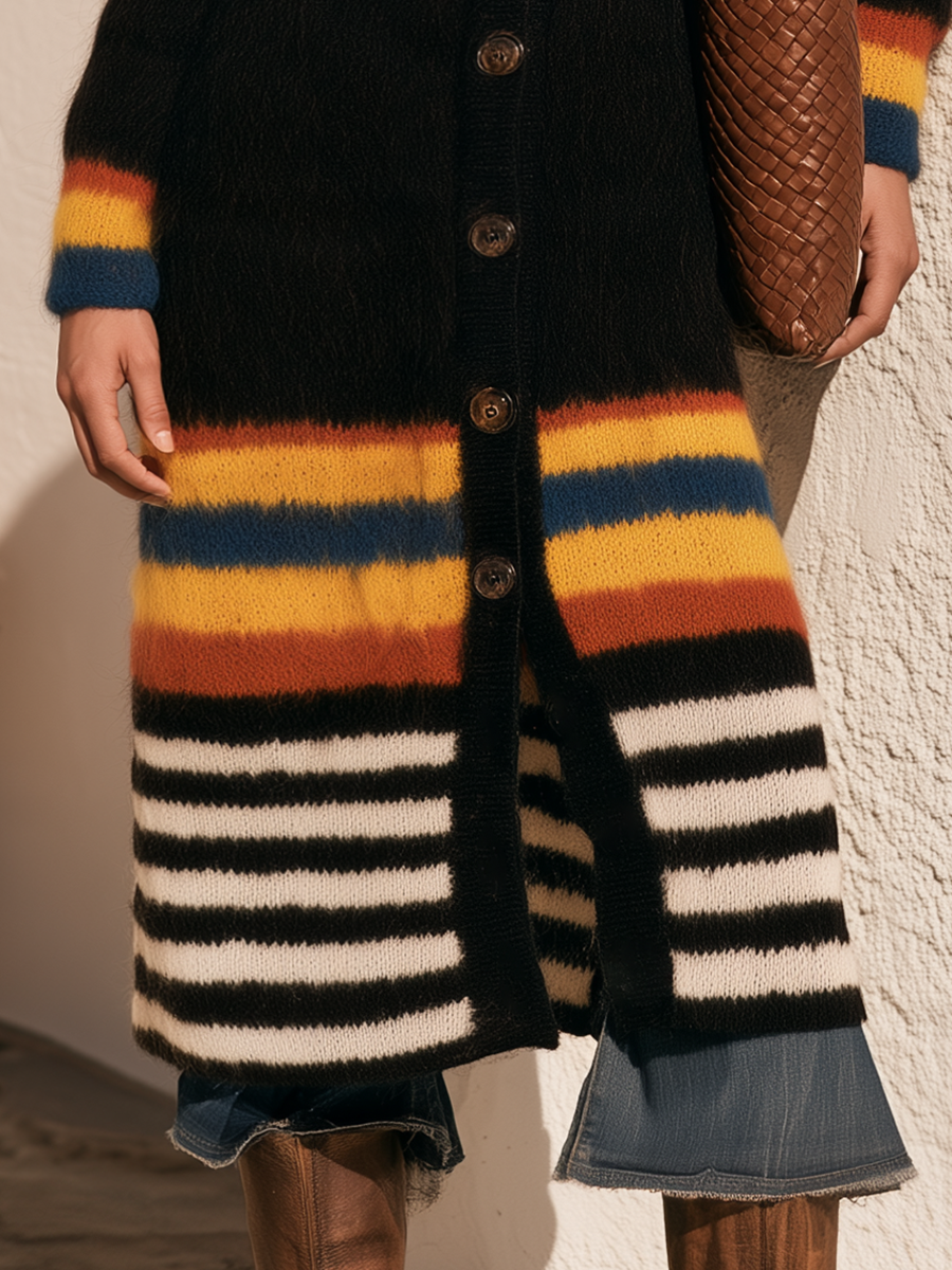 Retro-chic Rainbow Stripes Black Mid-length Mohair Cardigan
