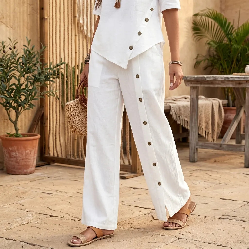 Casual Linen Blend 2-Piece Set with Button Details