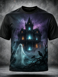 Men's T-shirt With Haunted Castle And Ghost Graphic