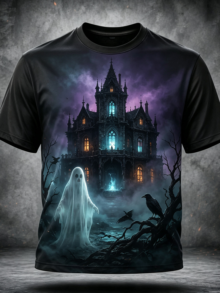 Men's T-shirt With Haunted Castle And Ghost Graphic