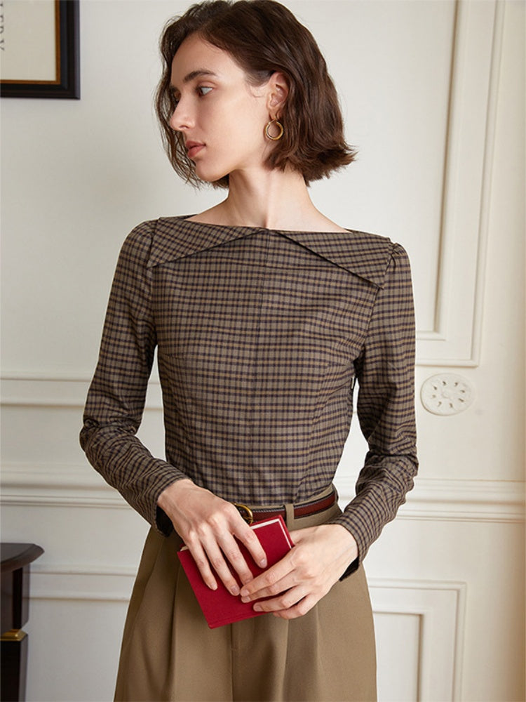 French Vintage Off-Shoulder Plaid Blouse