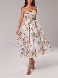 Strapless Sleeveless Printed Swing Midi Dress