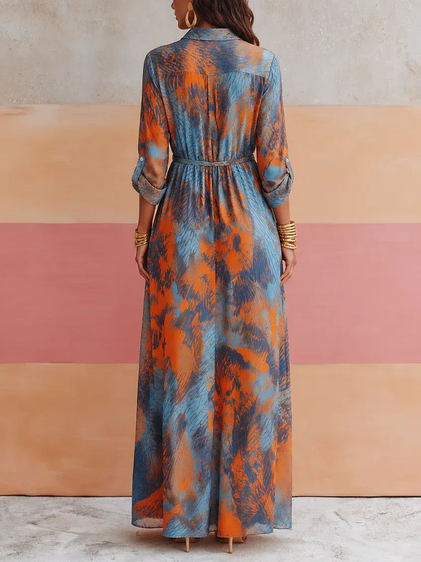 Blue Half-open V-neck Printed Fitted Shirt Dress Vacation Maxi Dress