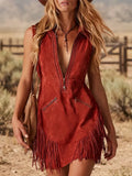 Faux Suede Fringe Mini Dress With Deep V-Zipper And Pockets For Women