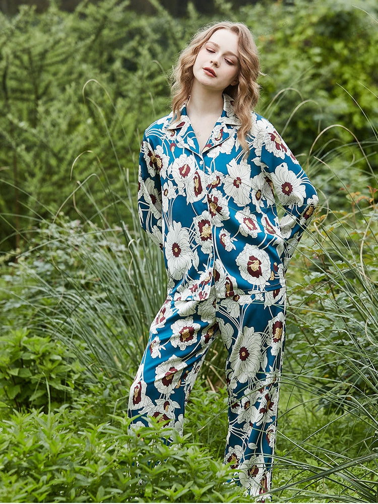 Blue Floral Pattern Ice Silk Long Sleeve Loungewear Set