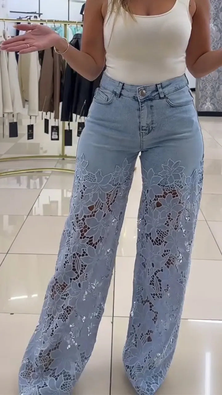 Women's Lace Patchwork Hollow Jeans