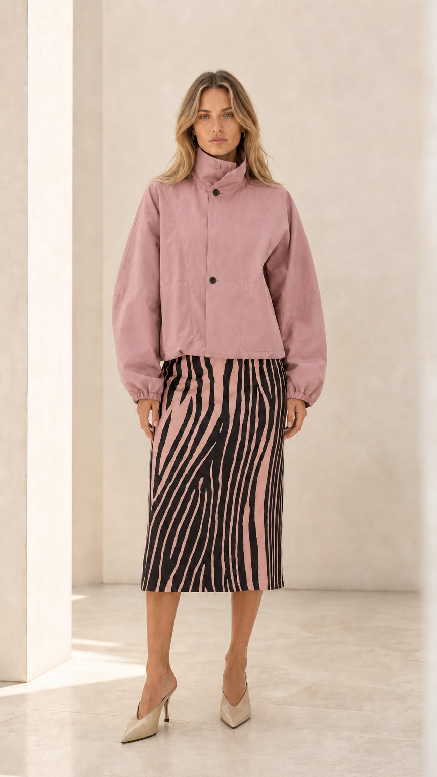 Women's High Neck Cropped Blouson Jacket with Balloon Sleeves