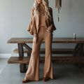 Elegant Thin Ribbed Flared Long-sleeved Top + Flared Trousers Set