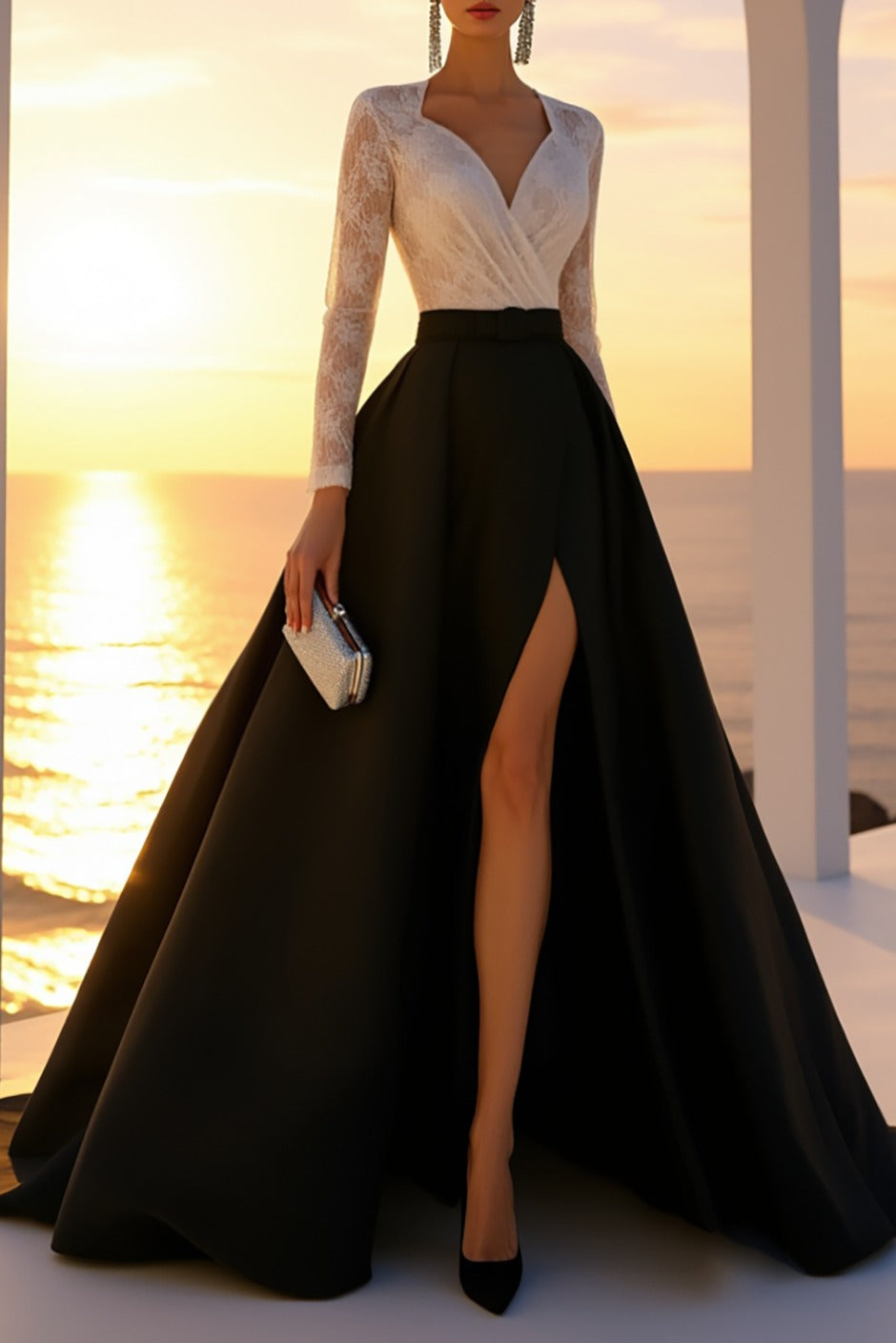 Evening Dress Black White Lace V-Neck Long Sleeve High Slit Maxi Gown