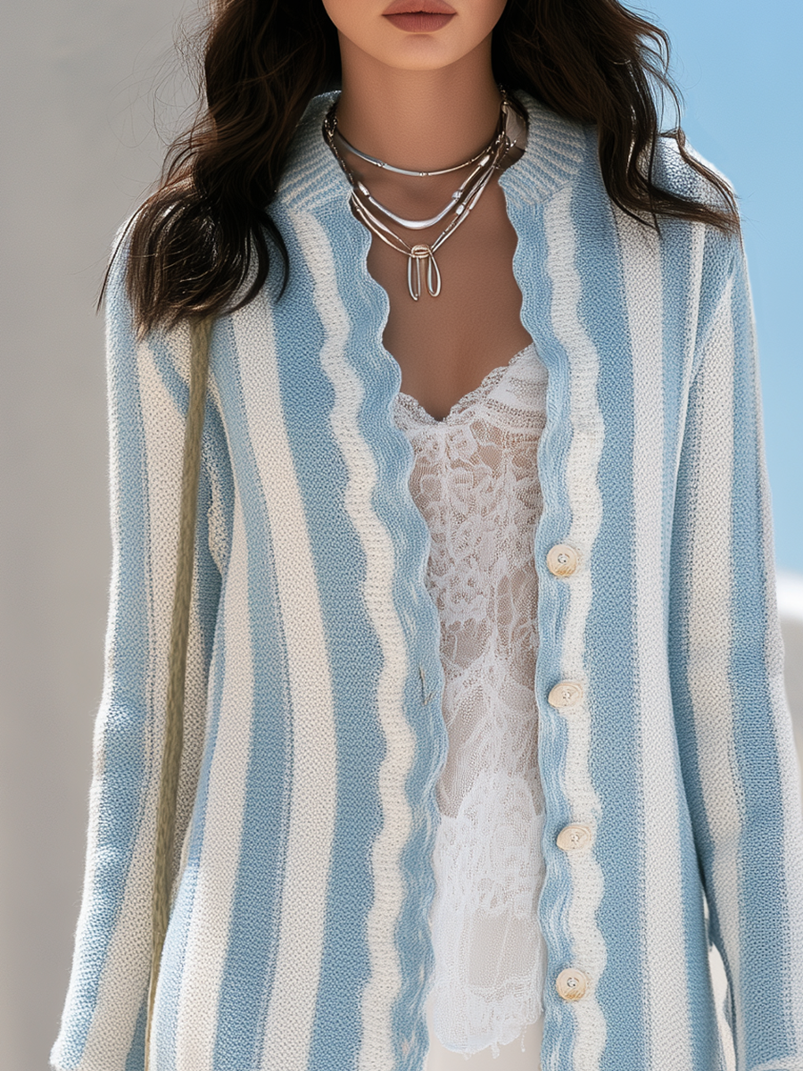 Stylish Ruffled Light Blue Vertical-Stripe Knit Cardigan