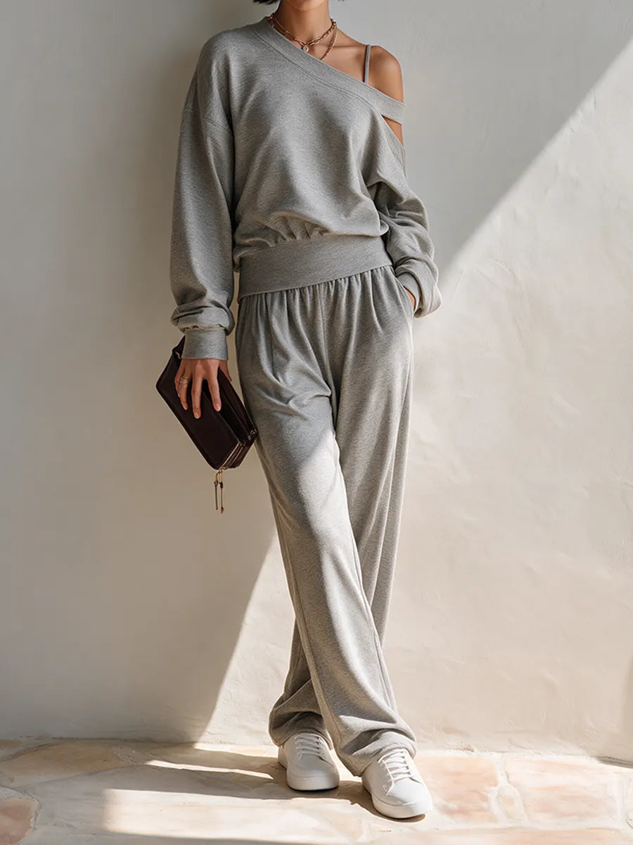 Women's Asymmetric Off-Shoulder Knit Sweat-Fabric Set MDZ0153I8ZRK