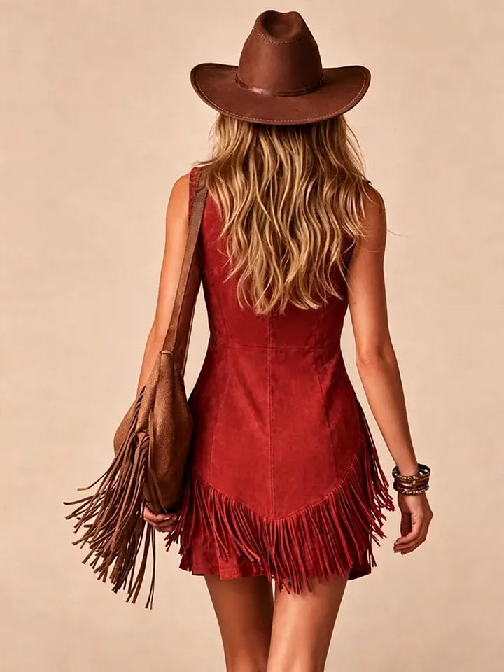 Faux Suede Fringe Mini Dress With Deep V-Zipper And Pockets For Women